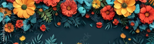 Colorful floral seamless pattern. Bright flowers on dark blue background.