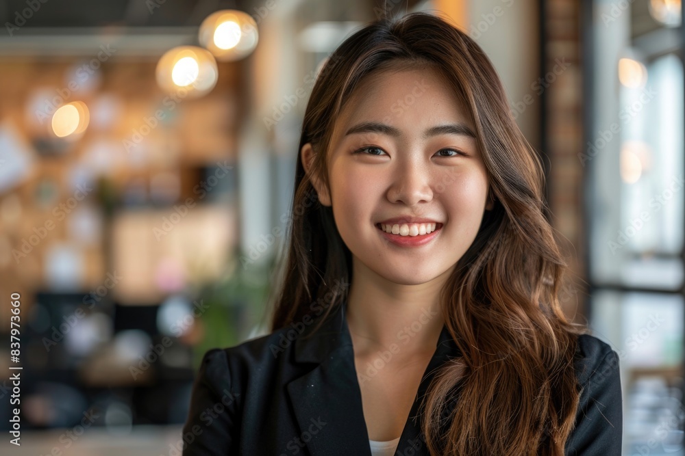 A person wearing a black jacket and smiling directly at the camera, with no background or context to distract from their expression A person wearing a black jacket and smiling directly at the camera, with no background or context to distract from their expression