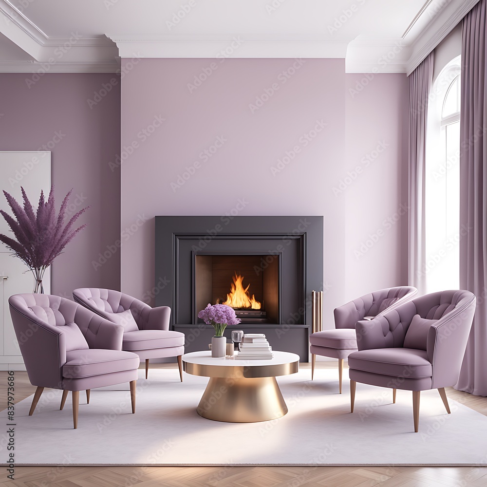 Fototapeta premium Luxury American Style Lounge Room with Mauve Chairs and Large Fireplace - Cozy Living Room Design