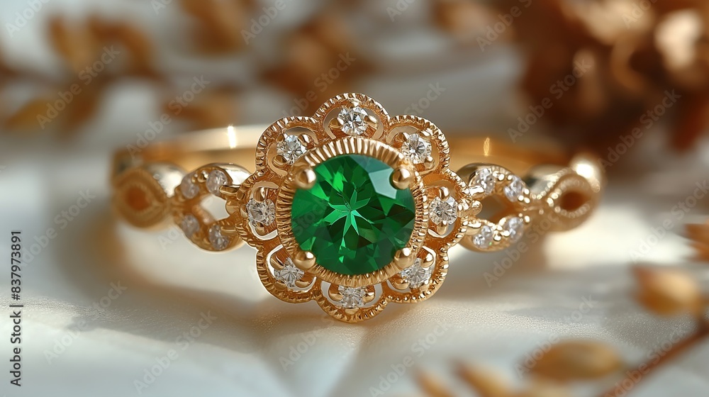 Fototapeta premium emerald gemstone gold ring with a vintage design on a white background