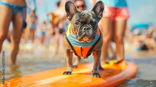 French Bulldog standing on an orange surfboard, wearing colorful life jacket at the beach with crowd of people in background during summer vacation.