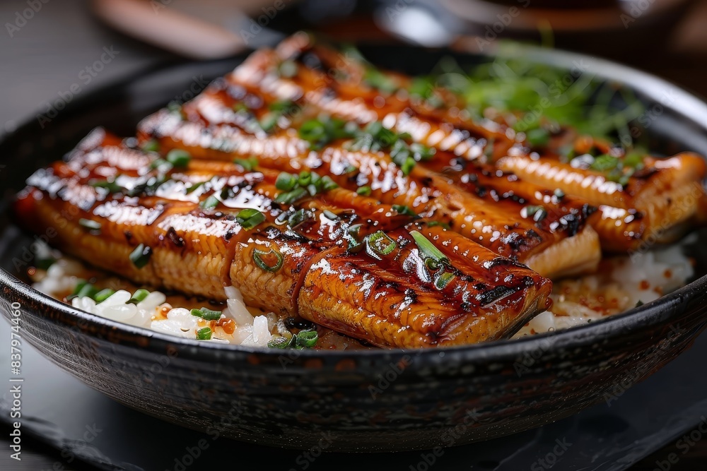 Eel (Unagi) Don - Grilled eel glazed with a sweet soy-based sauce, served over rice. Eel (Unagi) Don - Grilled eel glazed with a sweet soy-based sauce, served over rice.