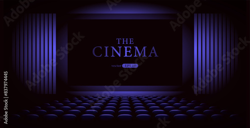 Cinema hall with black blank screen. Rows of seats, blue cinema chairs. Theater empty scene. Movie theatre. Realistic render. Flat style cartoon design. Minimalism. Vector eps10 illustration.