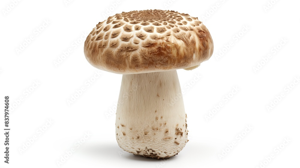 Single Spotted Mushroom on White Background, High-Detail View Single Spotted Mushroom on White Background, High-Detail View