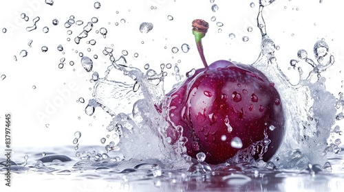 Plum and water splash isolated on white background
