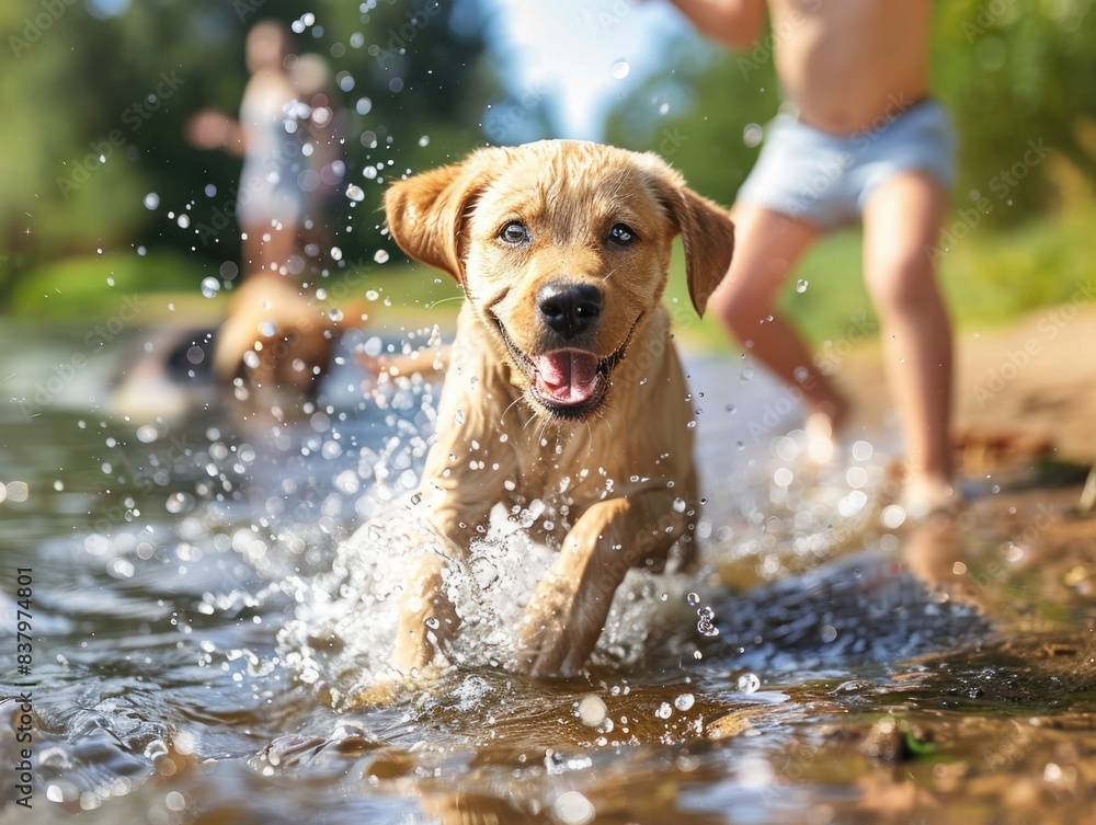 A dog running through a body of water, with waves and ripples on the surface A dog running through a body of water, with waves and ripples on the surface