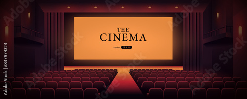 Cinema hall with blank screen. Rows of seats, red cinema chairs. Theater empty scene. Movie theatre. Realistic render. Flat style cartoon design. Minimalism. Vector eps10 illustration.