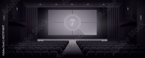 Cinema hall with white blank screen. Rows of seats, black cinema chairs. Theater empty scene. Movie theatre. Realistic render. Flat style cartoon design. Minimalism. Vector eps10 illustration.