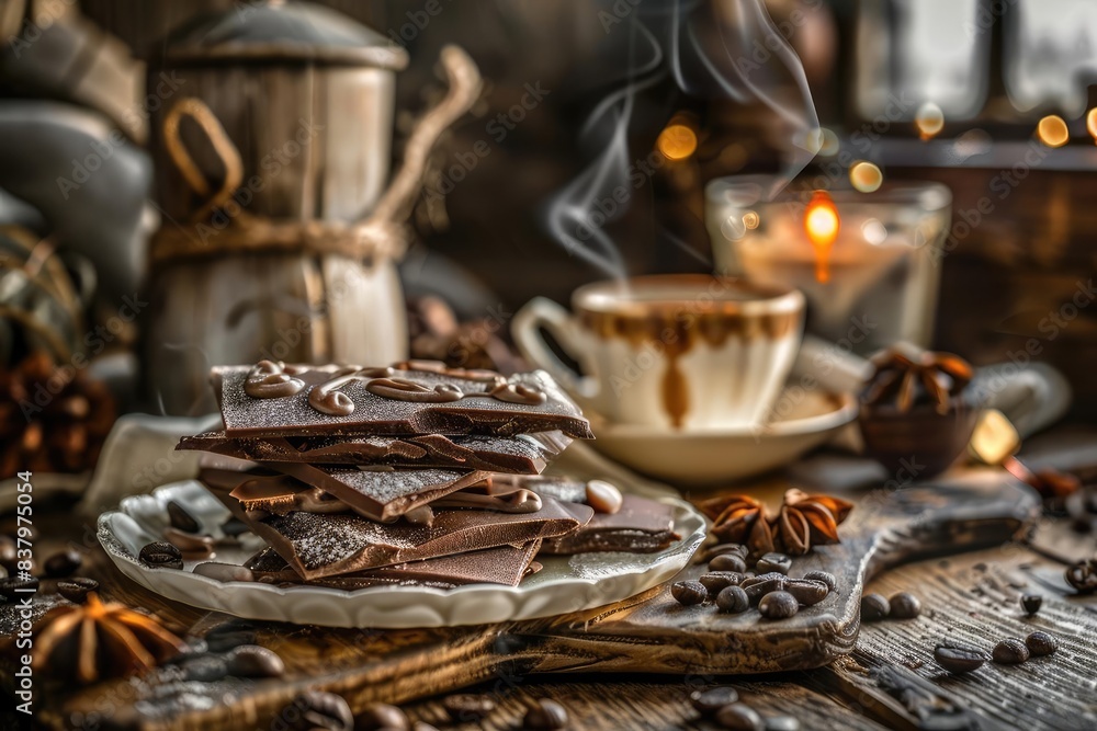 Close-up of artisanal chocolate bars with a steaming cup of coffee on a rustic wooden table, with decorative accents and cozy atmosphere. Close-up of artisanal chocolate bars with a steaming cup of coffee on a rustic wooden table, with decorative accents and cozy atmosphere.
