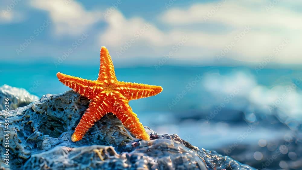 Orange starfish on rocky shore with blue ocean background Orange starfish on rocky shore with blue ocean background