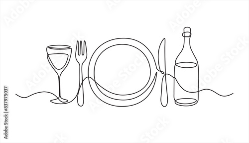 Continuous one line drawing of plate, fork, knife, bottle of wine and glass. Menu food design. Vector illustration.