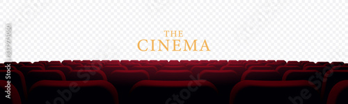 Cinema hall with white blank screen. Rows of seats, red cinema chairs isolated. Theater empty scene. Movie theatre. Realistic render. Flat style cartoon design. Minimalism. Vector eps10 illustration.
