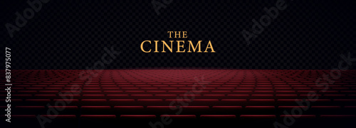 Cinema hall with white blank screen. Rows of seats, red cinema chairs. Theater empty scene. Movie theatre. Realistic render. Flat style cartoon design. Minimalism. Vector eps10 illustration.