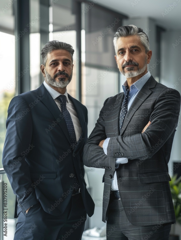 Two men in suits, dressed professionally, standing side by side Two men in suits, dressed professionally, standing side by side