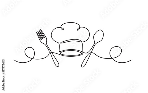 Continuous one single line drawing of fork, spoon and chef hat or cap . Menu food design. Illustration with quote template. Can used for menu restaurant sketch