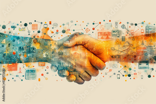 Wallpaper Mural Partnership development and startup funding with Design a flat design concept showing startup founders negotiating strategic partnership deals and securing funding, with detailed handshake, contract, Torontodigital.ca