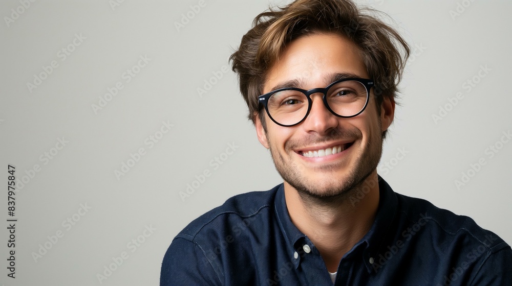 Smiling Man in Glasses with Casual Outfit on White Background Smiling Man in Glasses with Casual Outfit on White Background