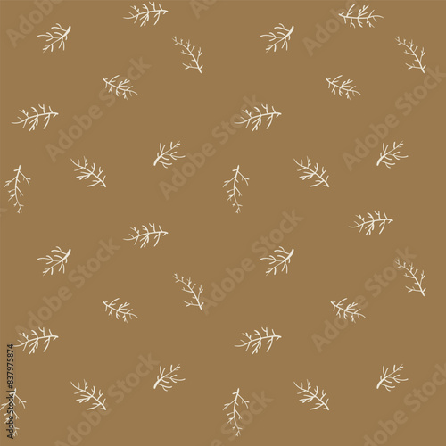 Botanical sprig vector seamless background pattern. Backdrop with autumn stems. Neutral warm fall color design. Scattered sprigs repeat. Earthy leaf all over print for fall, autumn, web, blog