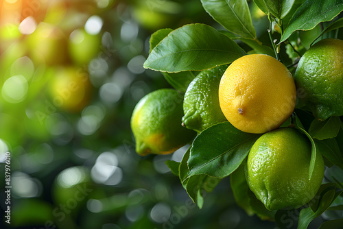Yellow citrus lemon fruit and green leaves in garden. Citrus Limon grows on a tree branch, close up. Decorative citrus lemon house plant Meyer lemon Citrus × meyeri