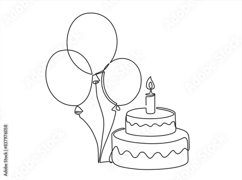 Continuous line drawing of birthday cake and balloons. Cake with sweet cream and a candle. Birthday celebration concept isolated on white background. Hand drawn design vector illustration