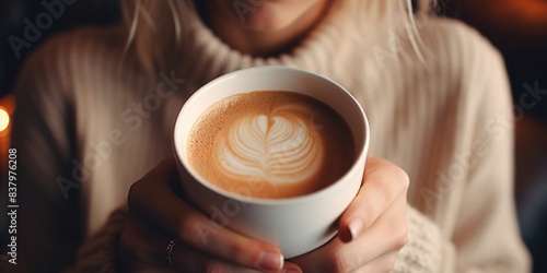 A woman holds a cup of coffee in her hands