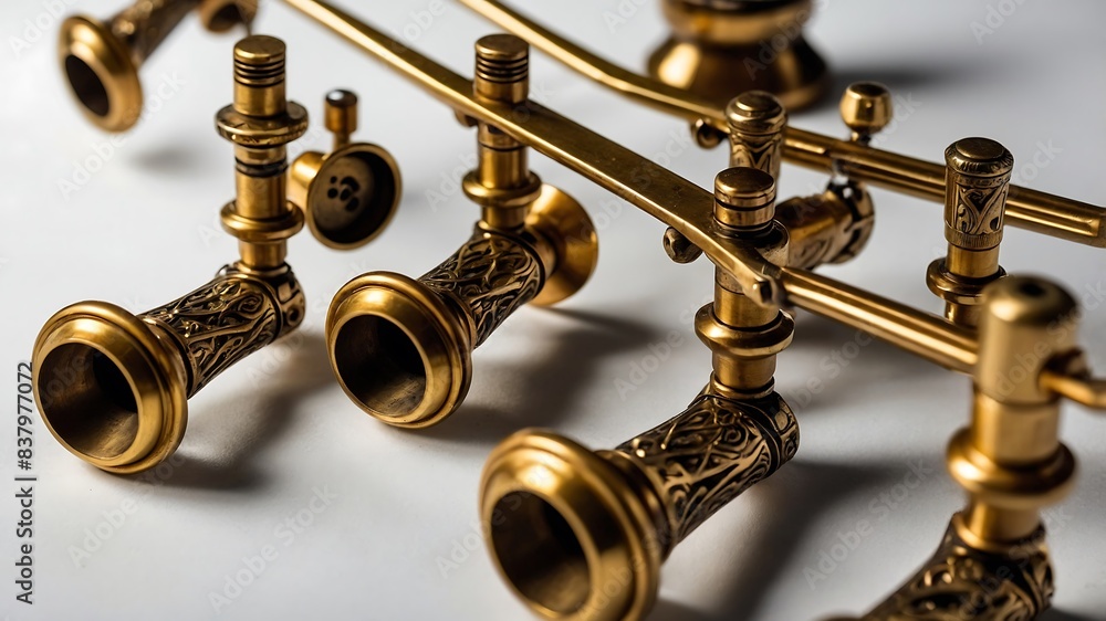 Golden and silver brass musical instruments, including a shiny golden flute, isolated on a white background Golden and silver brass musical instruments, including a shiny golden flute, isolated on a white background