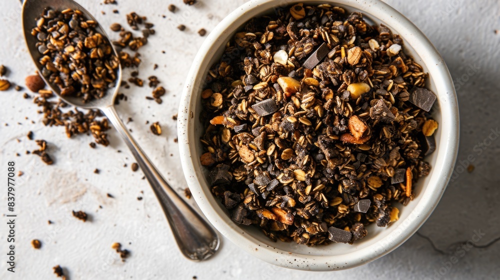 A warm breakfast snack bowl filled with crunchy granola, sweet chocolate chips, and a spoon for serving