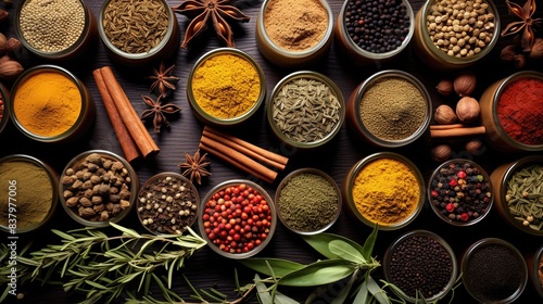 Panorama spices and herbs for food labels. Seasonings and flavors background