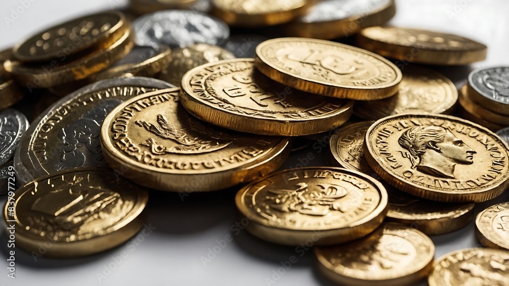 Stack of various coins on a white background showing money, wealth, and currency Stack of various coins on a white background showing money, wealth, and currency