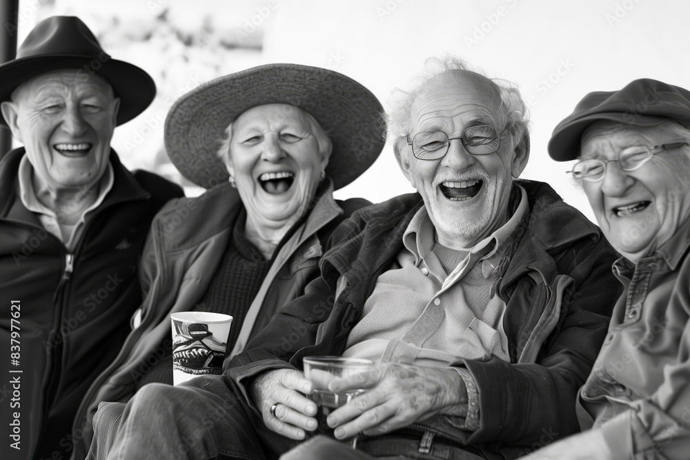 A group of laughing, cheerful elderly people, drinking outdoor A group of laughing, cheerful elderly people, drinking outdoor