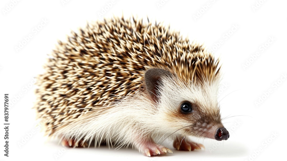 Obraz premium A small hedgehog sitting on a white surface, ideal for use in illustrations and designs