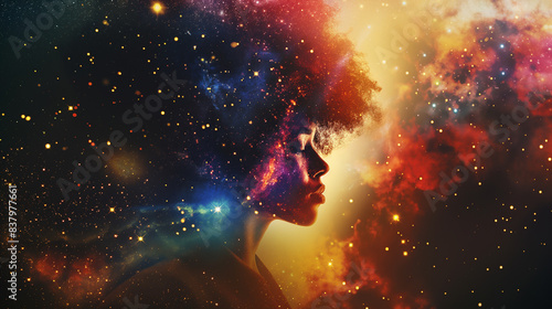 Abstract portrait of beautiful woman. Astrology of life. Spiritual cosmic connection of soul and dreams. Female face with the galactic space of the universe around her. 