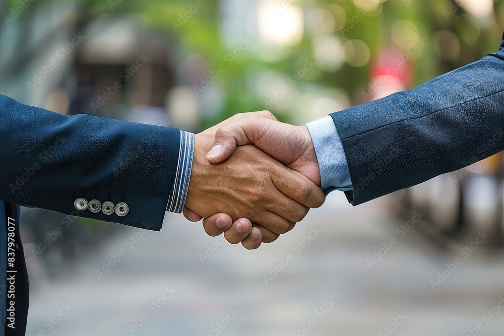 Professional handshake between two businessmen in formal suits, marking the achievement of a business agreement Professional handshake between two businessmen in formal suits, marking the achievement of a business agreement