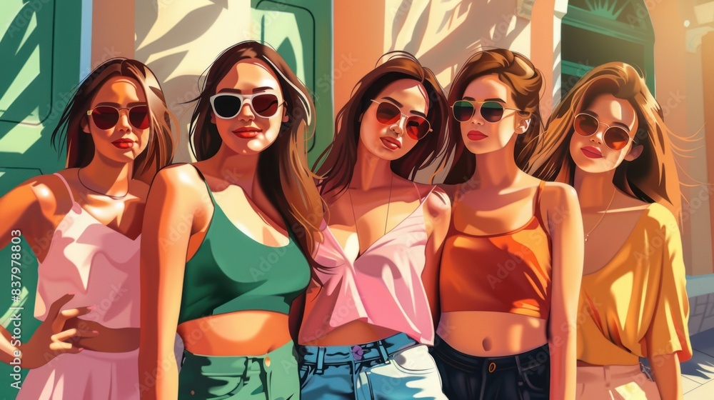 Illustration of a group of beautiful women chatting happily wearing sunglasses standing on the sidewalk. Illustration of a group of beautiful women chatting happily wearing sunglasses standing on the sidewalk.