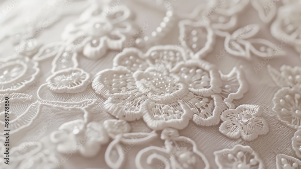 a close-up of a white lace design on a white fabric for a wedding dress. a close-up of a white lace design on a white fabric for a wedding dress.