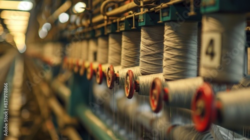 A textile mill with rows of spinning machines producing rolls of fabric. photo