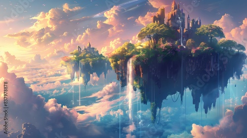 Fantasy landscape of floating islands and waterfalls in a vibrant sunset sky. Enchanting and surreal scene perfect for creative projects. photo