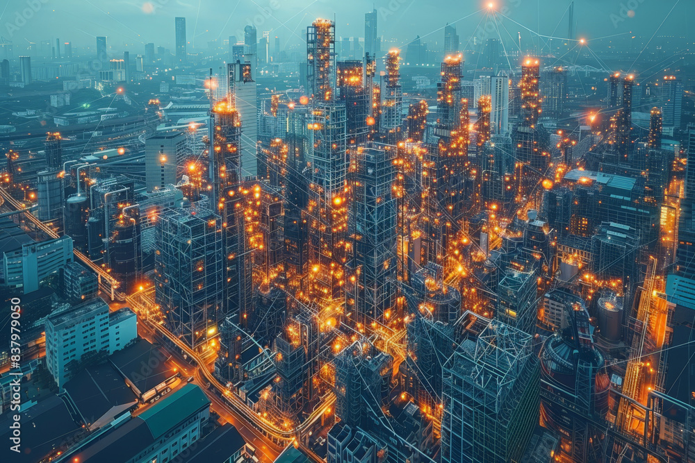 Fototapeta premium Supply chain management and multinational corporations with Depict workers managing a complex global supply chain within a multinational corporation, featuring warehouses, logistics tools, and