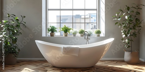 White bathtub with towel hardwood floor gray walls loft window mockup. Concept Product Mockups  White Bathtub  Hardwood Floor  Gray Walls  Loft Window