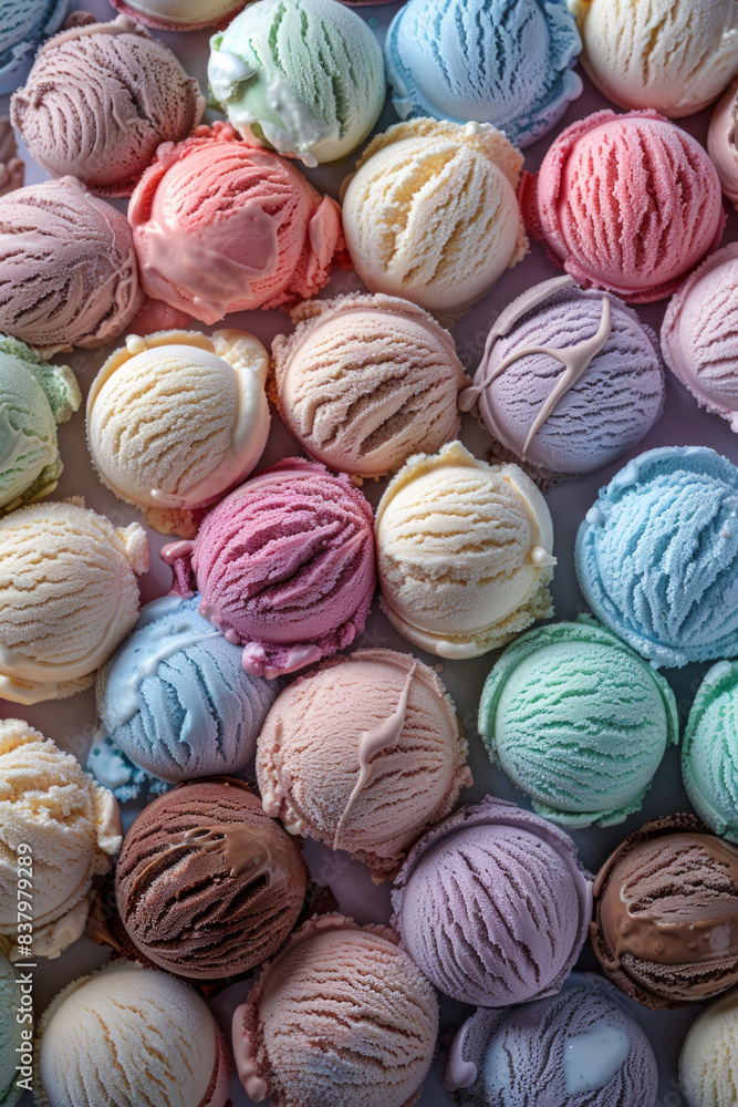 A dense arrangement of ice cream scoops in various flavors and colors, filling the entire frame. The ice cream features a range of hues from pastel pinks and blues to rich chocolate browns. A dense arrangement of ice cream scoops in various flavors and colors, filling the entire frame. The ice cream features a range of hues from pastel pinks and blues to rich chocolate browns.