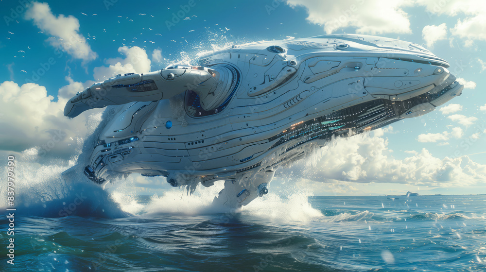 A futuristic robotic whale breaching in the ocean under a clear sky A futuristic robotic whale breaching in the ocean under a clear sky