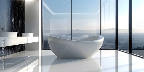 Bright bathroom with tub washbasin and large window overlooking the view. Concept Bathroom Design  Tub Ideas  Washbasin Styles  Large Windows  Scenic Views