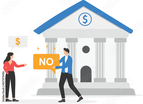 Banker refuses to lend to woman. Ban on obtaining loans, businesswoman can not get loan, bankruptcy. Bank refused to refinance loan, overdue debt. Unreliable borrower, bad credit history. flat vector
