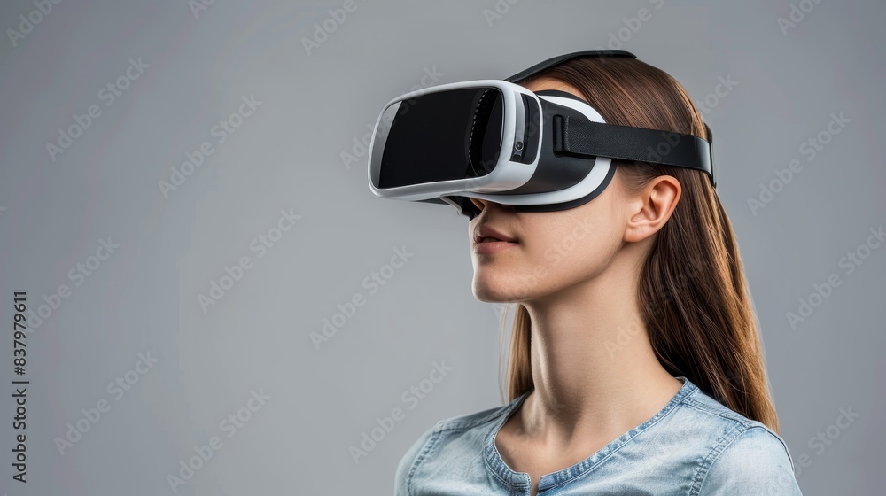 A person wearing a virtual reality headset from the side, against a grey background. A person wearing a virtual reality headset from the side, against a grey background.