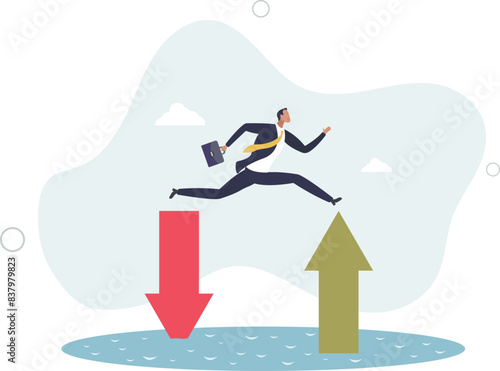 businessman investor jump from red pointing down arrow to green rising up.flat vector illustration.