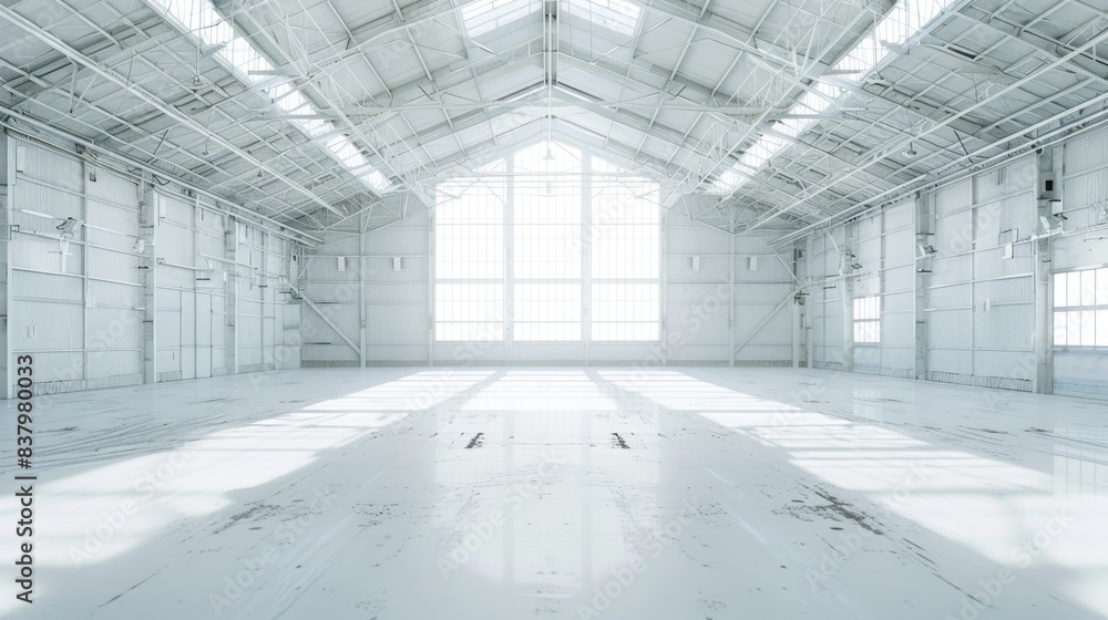 Industrial white warehouse with high ceilings and an empty floor plan, surrounded by a uniform white background Industrial white warehouse with high ceilings and an empty floor plan, surrounded by a uniform white background