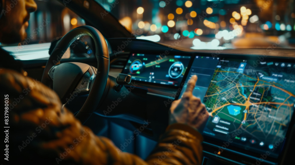 a person inside a car at night, interacting with a touchscreen display on the dashboard. a person inside a car at night, interacting with a touchscreen display on the dashboard.