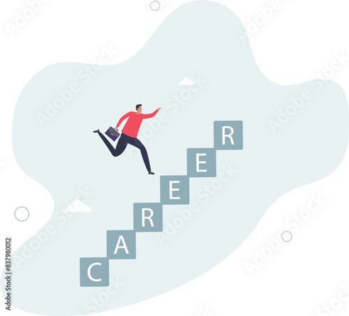 smart confident businessman running fast on career stairway rising up to achieve success.flat vector illustration.