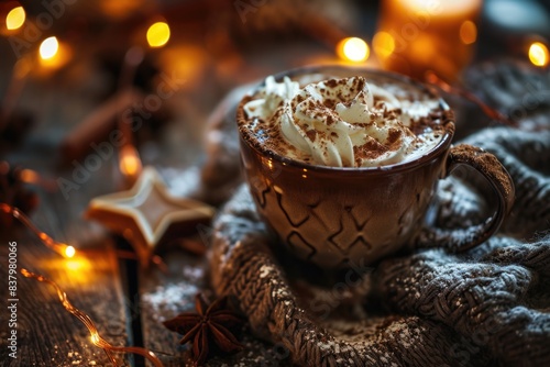 Cup of cocoa with whipped cream and christmas lights on wooden background