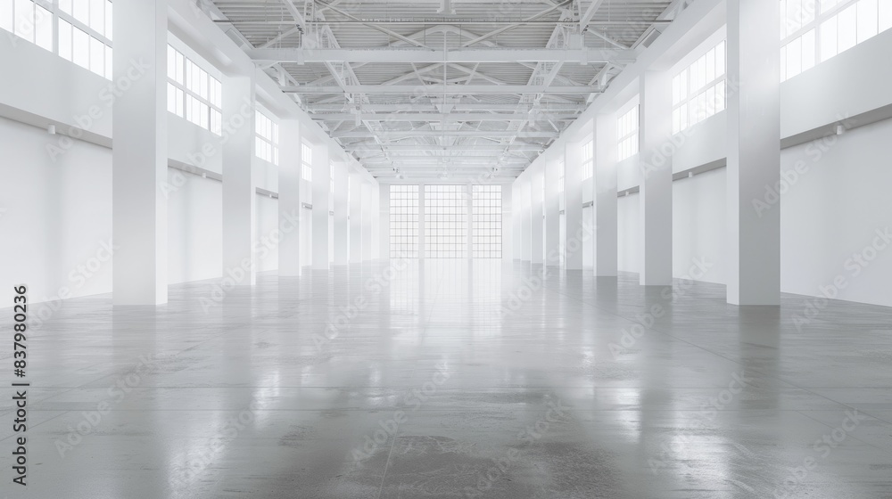 Industrial white warehouse with high ceilings and an empty floor plan, surrounded by a uniform white background Industrial white warehouse with high ceilings and an empty floor plan, surrounded by a uniform white background